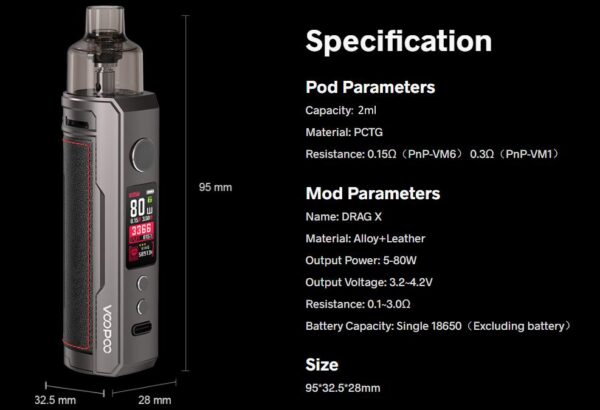 specifications voopoo drag x mod pod kit